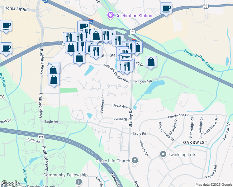 map of restaurants, bars, coffee shops, grocery stores, and more near 5089 Bartholomew's Lane in Greensboro