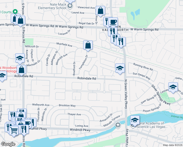 map of restaurants, bars, coffee shops, grocery stores, and more near 2308 Cashmere Way in Henderson