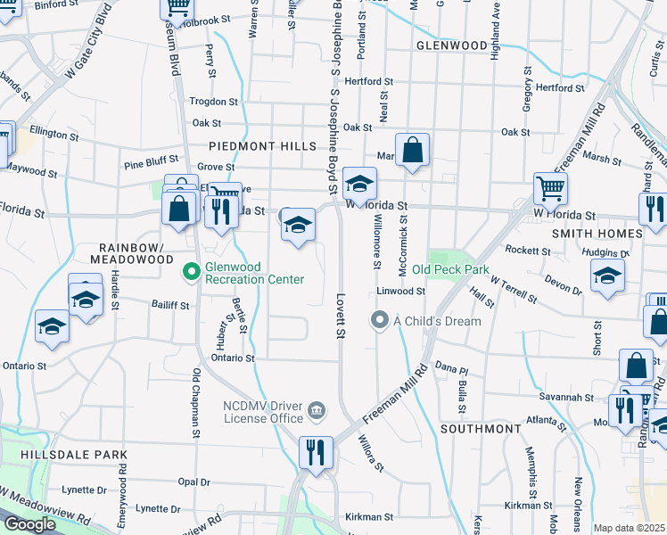 map of restaurants, bars, coffee shops, grocery stores, and more near 1548 Lovett Street in Greensboro