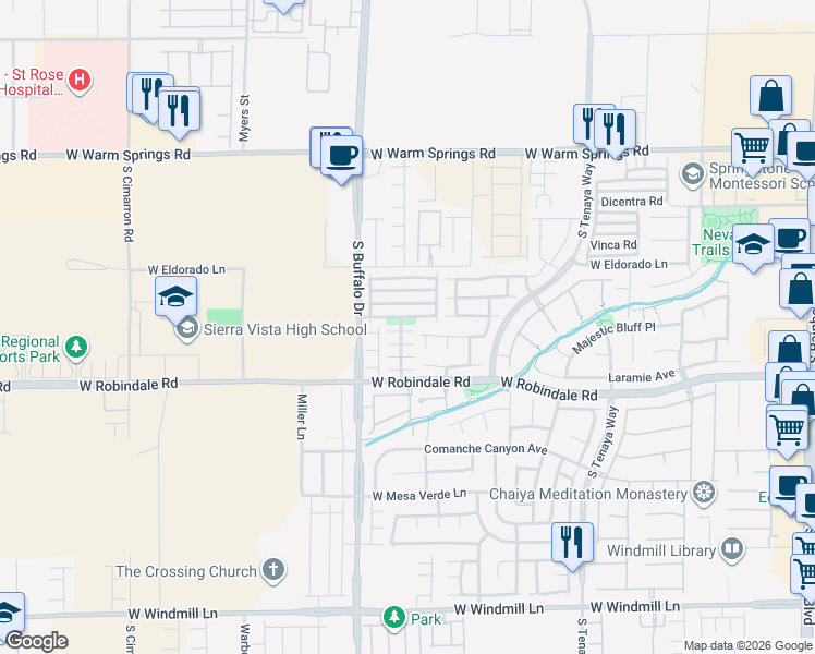 map of restaurants, bars, coffee shops, grocery stores, and more near 7702 West Trails Park Place in Las Vegas