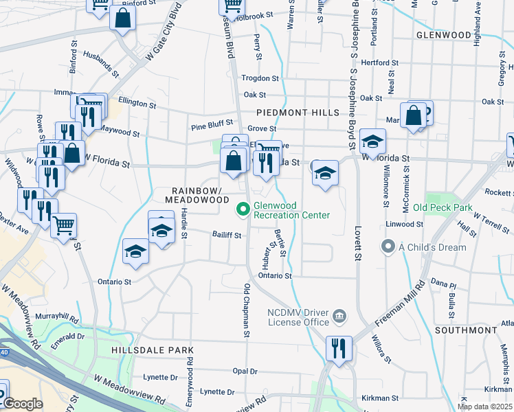 map of restaurants, bars, coffee shops, grocery stores, and more near 1805 J Avenue in Greensboro