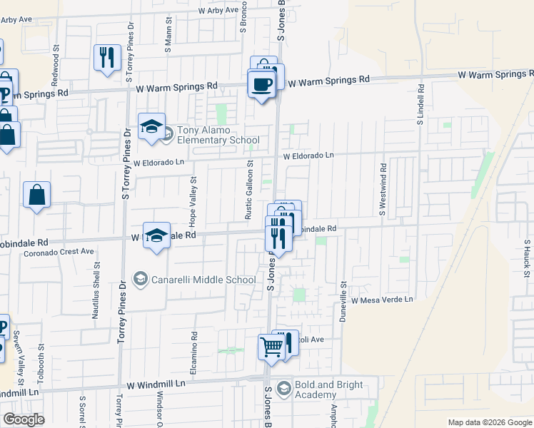 map of restaurants, bars, coffee shops, grocery stores, and more near 7658 Sandhaven in Las Vegas