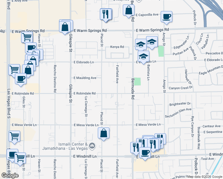 map of restaurants, bars, coffee shops, grocery stores, and more near 323 East Robindale Road in Las Vegas