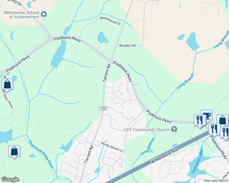 map of restaurants, bars, coffee shops, grocery stores, and more near 1139 Tarrant Road in Greensboro