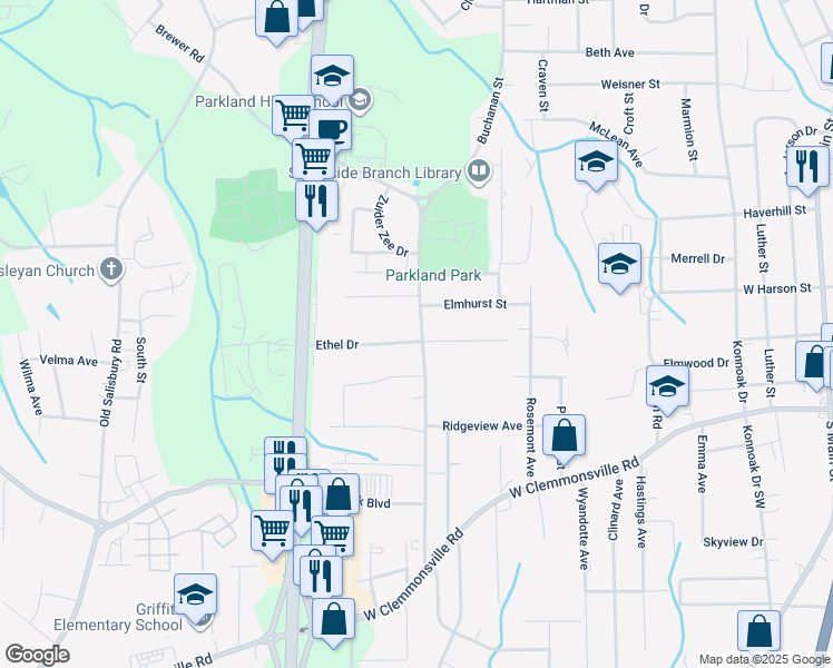map of restaurants, bars, coffee shops, grocery stores, and more near 1913 Brewer Road in Winston-Salem