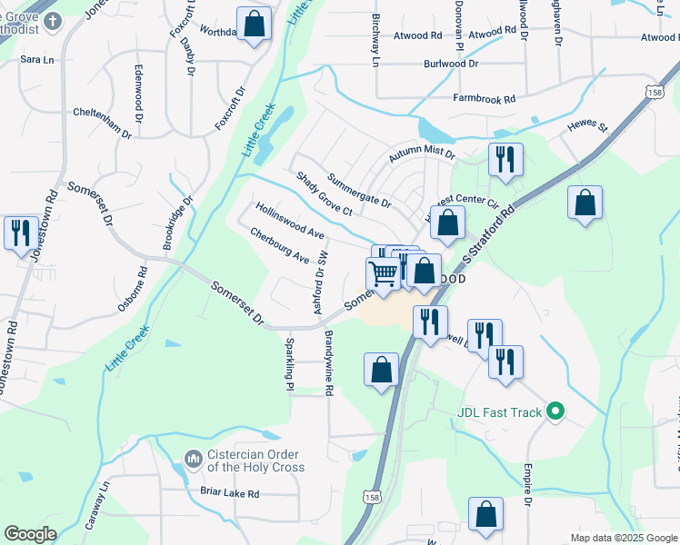 map of restaurants, bars, coffee shops, grocery stores, and more near 145 Silverthorne Court in Winston-Salem