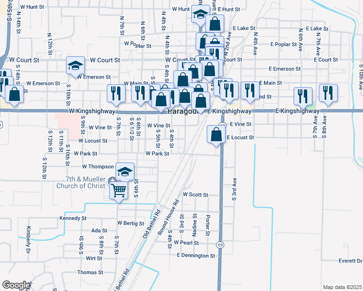 map of restaurants, bars, coffee shops, grocery stores, and more near 300 West Park Street in Paragould
