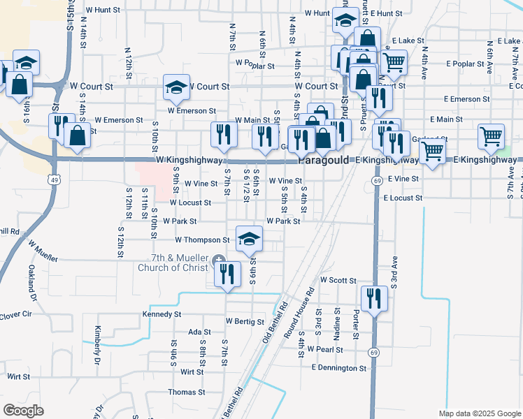 map of restaurants, bars, coffee shops, grocery stores, and more near 512 West Park Street in Paragould