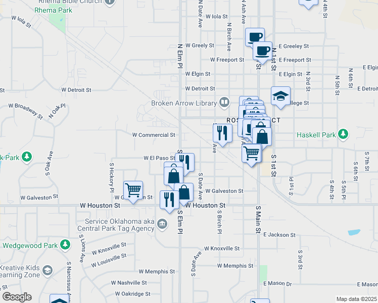 map of restaurants, bars, coffee shops, grocery stores, and more near 504 West El Paso Street in Broken Arrow