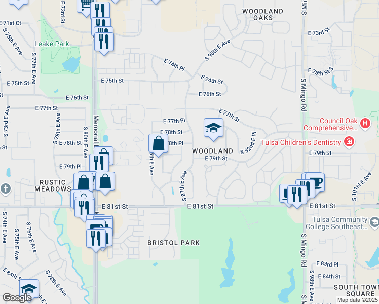 map of restaurants, bars, coffee shops, grocery stores, and more near 7913 South 86th East Place in Tulsa