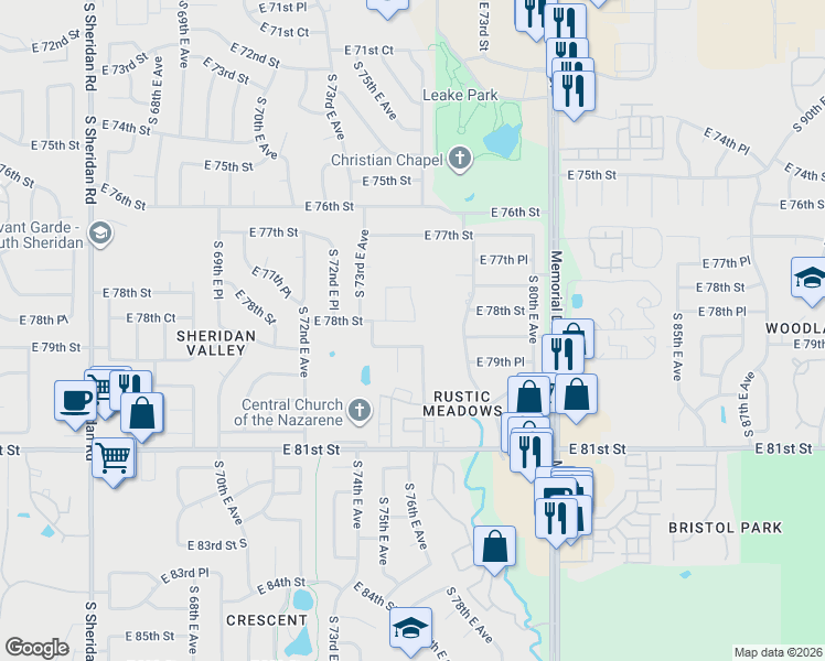map of restaurants, bars, coffee shops, grocery stores, and more near 7905 South 76th East Avenue in Tulsa
