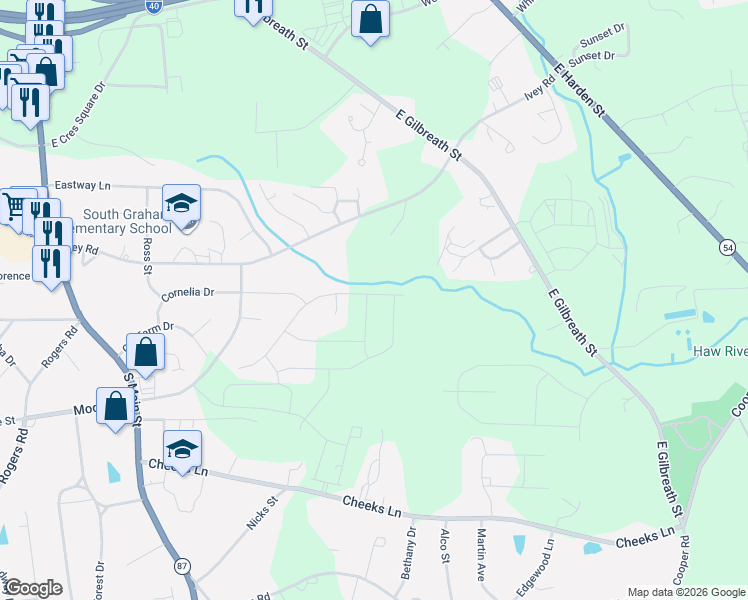 map of restaurants, bars, coffee shops, grocery stores, and more near 3604 Old Farm Court in Graham