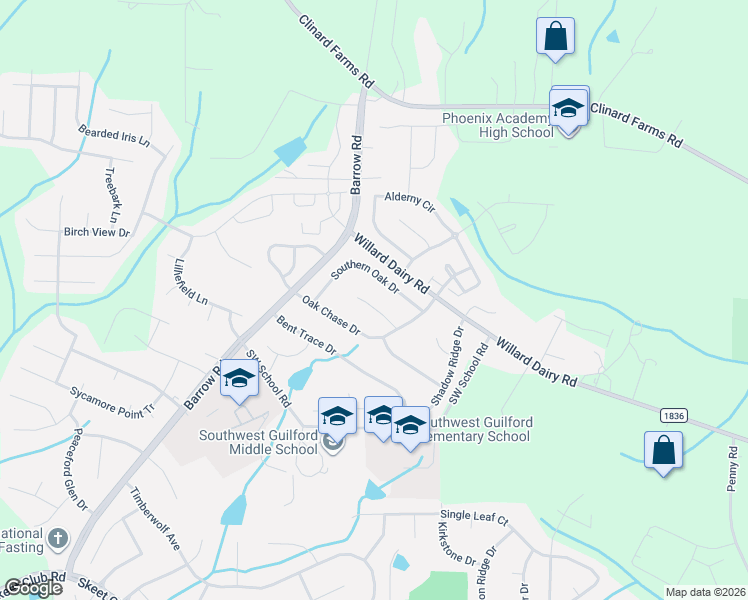 map of restaurants, bars, coffee shops, grocery stores, and more near 3620 Oak Field Court in High Point