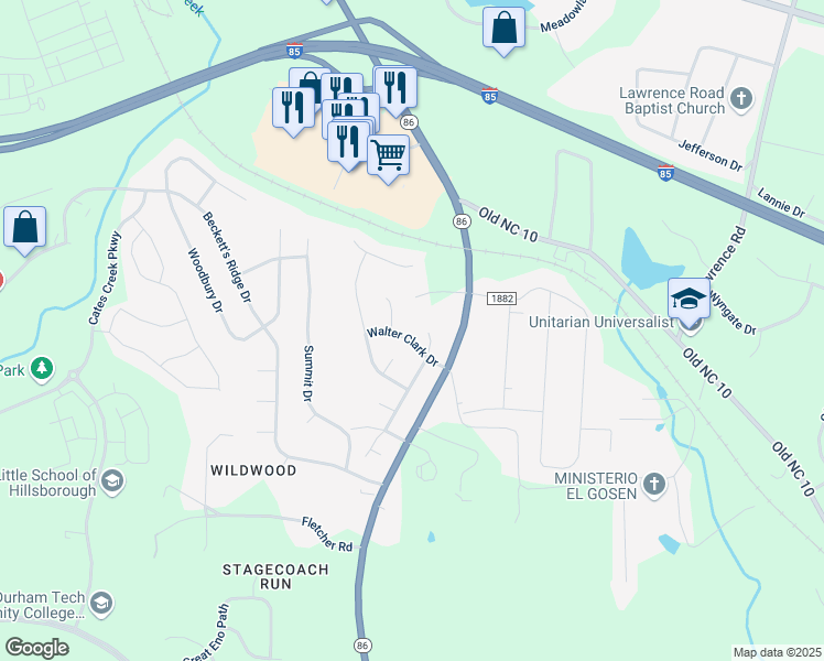 map of restaurants, bars, coffee shops, grocery stores, and more near 2401 Charles Tew Court in Hillsborough