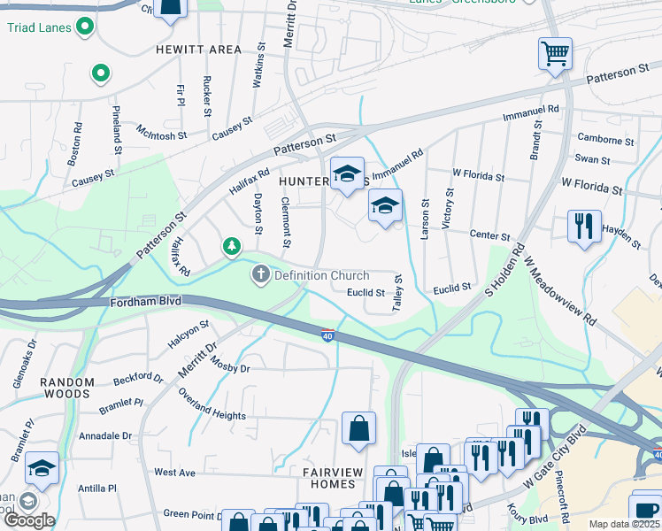 map of restaurants, bars, coffee shops, grocery stores, and more near 3616 Gentry Street in Greensboro