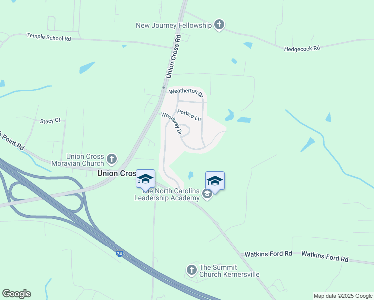 map of restaurants, bars, coffee shops, grocery stores, and more near 4566 Woodway Drive in Kernersville