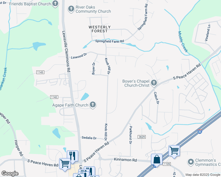 map of restaurants, bars, coffee shops, grocery stores, and more near 2711 Knob Hill Drive in Clemmons