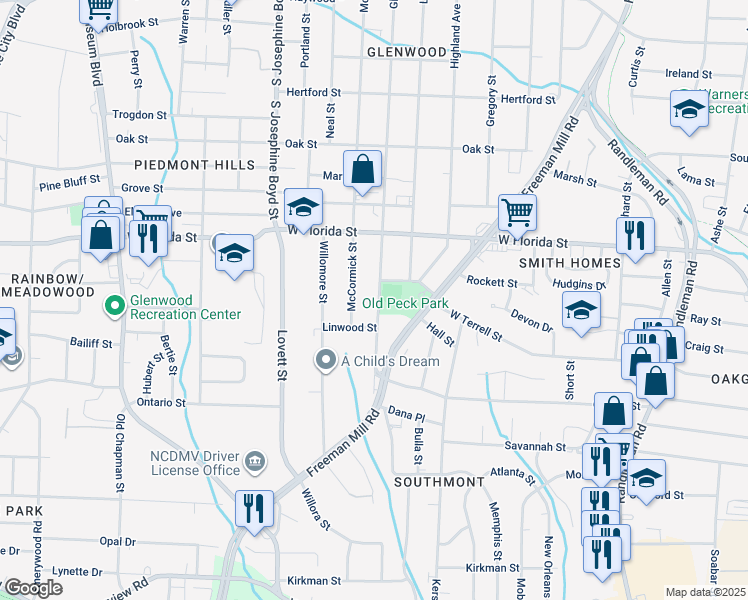 map of restaurants, bars, coffee shops, grocery stores, and more near 1608 Glenwood Avenue in Greensboro