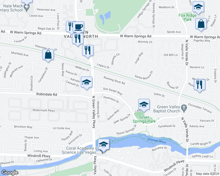 map of restaurants, bars, coffee shops, grocery stores, and more near 2136 Sun Swept Way in Henderson