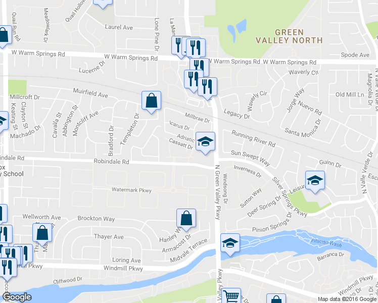 map of restaurants, bars, coffee shops, grocery stores, and more near 310 Pissarro Place in Henderson