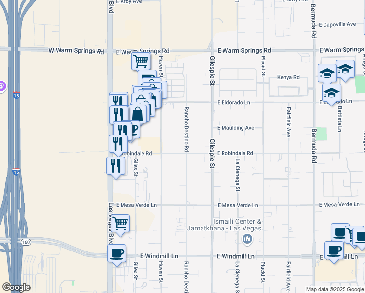 map of restaurants, bars, coffee shops, grocery stores, and more near 144 East Robindale Road in Las Vegas