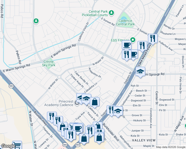map of restaurants, bars, coffee shops, grocery stores, and more near 301 Andantino Place in Henderson