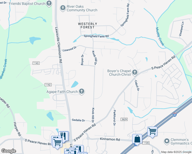 map of restaurants, bars, coffee shops, grocery stores, and more near 2711 Knob Hill Drive in Clemmons