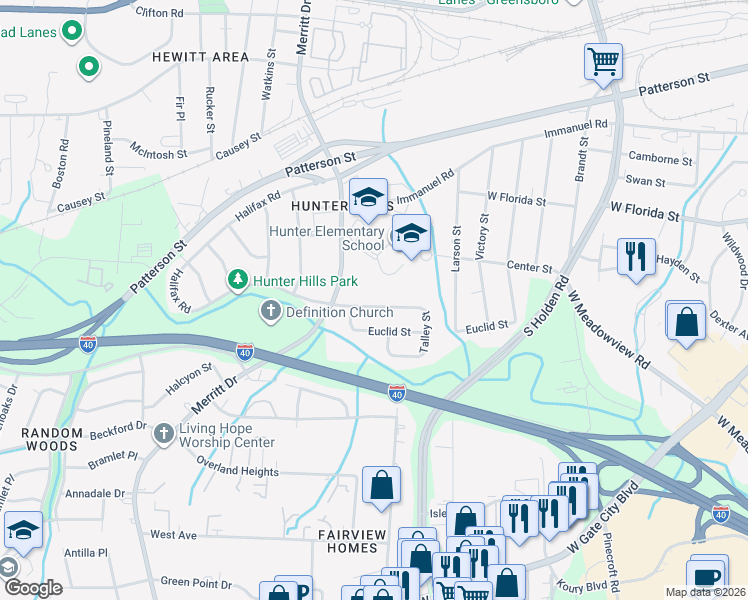 map of restaurants, bars, coffee shops, grocery stores, and more near 3607 Gentry Street in Greensboro