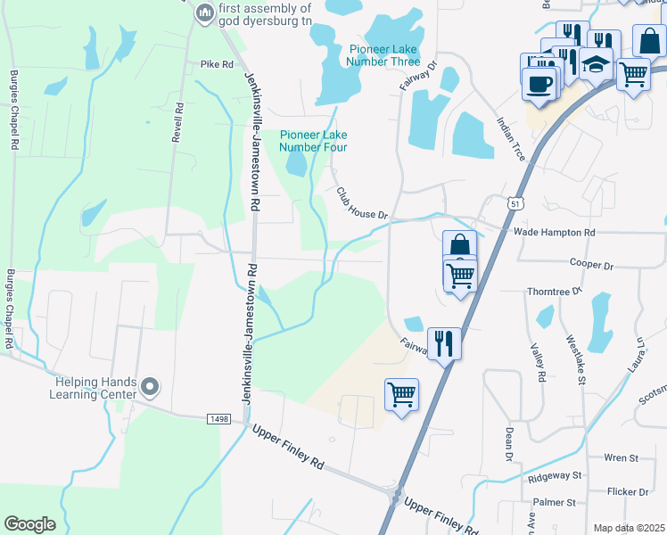 map of restaurants, bars, coffee shops, grocery stores, and more near 239 Village Street in Dyersburg