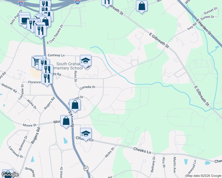 map of restaurants, bars, coffee shops, grocery stores, and more near 504 Lemontree Court in Graham