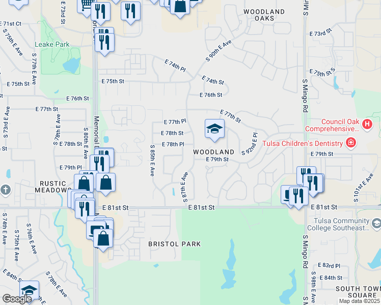 map of restaurants, bars, coffee shops, grocery stores, and more near 7913 South 86th East Place in Tulsa