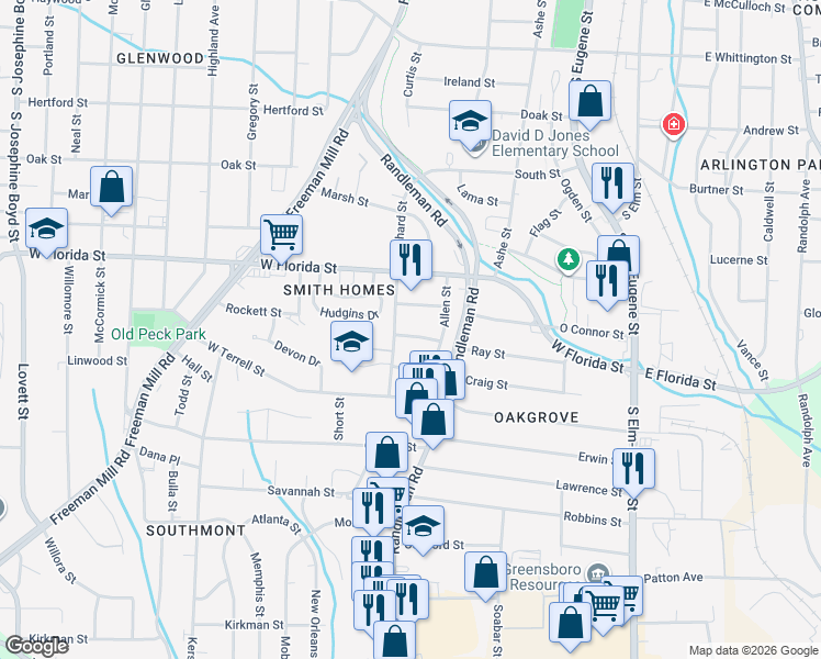 map of restaurants, bars, coffee shops, grocery stores, and more near 505 Ray Street in Greensboro
