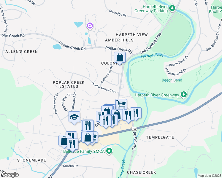 map of restaurants, bars, coffee shops, grocery stores, and more near 7012 Poplar Creek Trce in Nashville