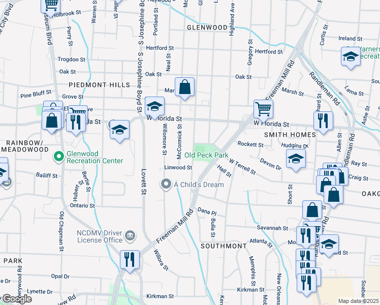 map of restaurants, bars, coffee shops, grocery stores, and more near 1608 Glenwood Avenue in Greensboro