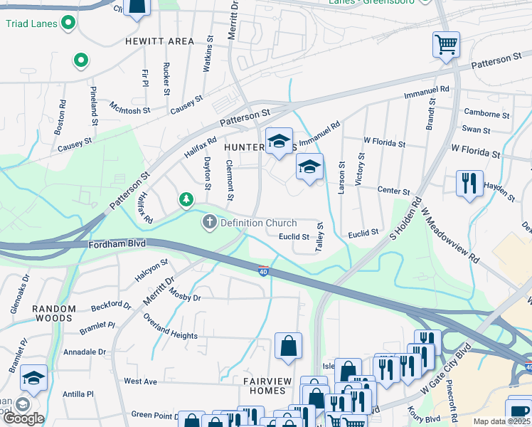map of restaurants, bars, coffee shops, grocery stores, and more near 3616 Gentry Street in Greensboro