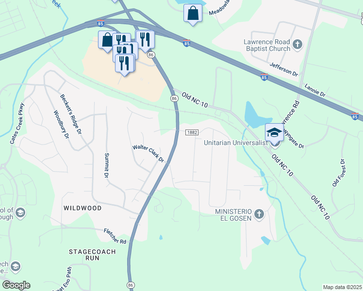 map of restaurants, bars, coffee shops, grocery stores, and more near 2322 North Carolina 86 in Hillsborough