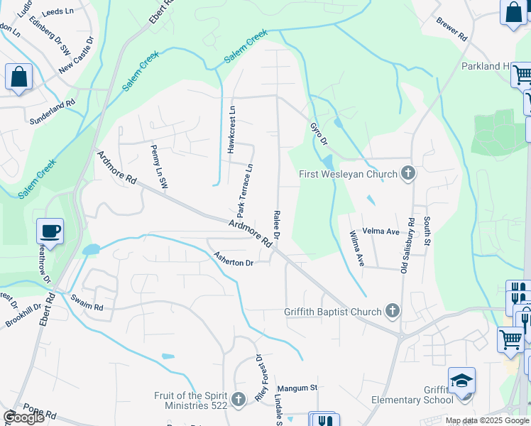 map of restaurants, bars, coffee shops, grocery stores, and more near 1735 Ralee Drive in Winston-Salem