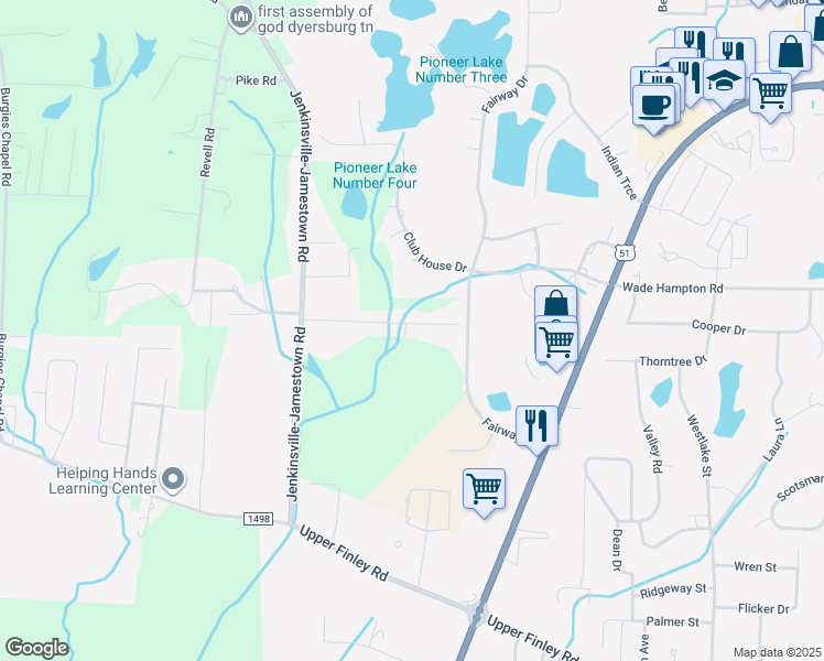map of restaurants, bars, coffee shops, grocery stores, and more near 239 Village Street in Dyersburg