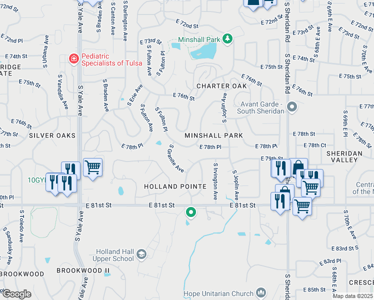 map of restaurants, bars, coffee shops, grocery stores, and more near 5712 East 79th Street in Tulsa