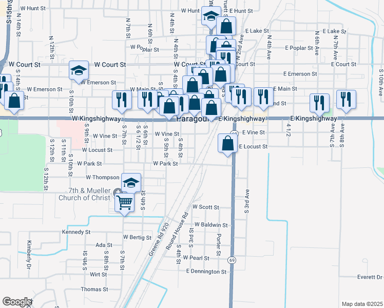 map of restaurants, bars, coffee shops, grocery stores, and more near 300 West Park Street in Paragould