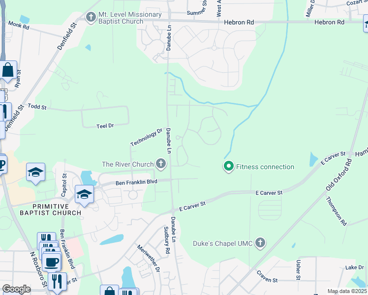map of restaurants, bars, coffee shops, grocery stores, and more near 4204 Lillington Drive in Durham
