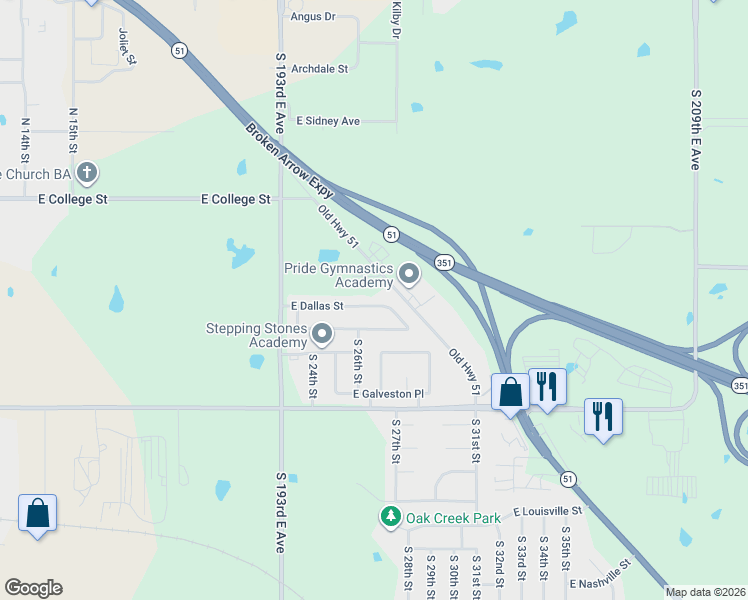 map of restaurants, bars, coffee shops, grocery stores, and more near 2804 East El Paso Street in Broken Arrow
