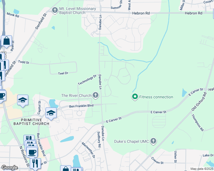 map of restaurants, bars, coffee shops, grocery stores, and more near 4135 Lillington Drive in Durham