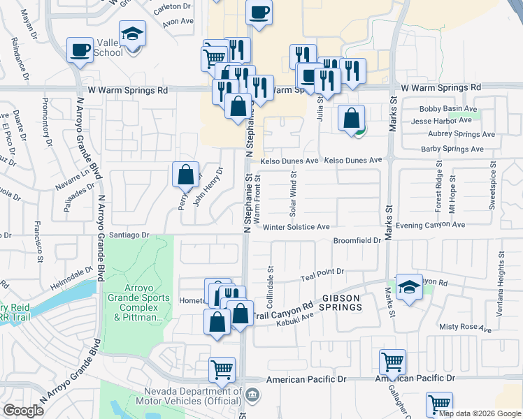 map of restaurants, bars, coffee shops, grocery stores, and more near 312 Warm Front Street in Henderson