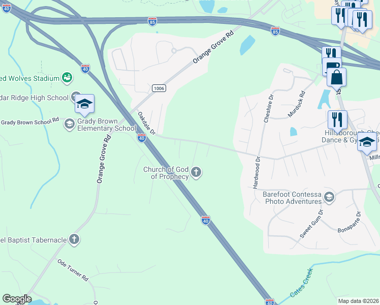 map of restaurants, bars, coffee shops, grocery stores, and more near 814 Oakdale Drive in Hillsborough