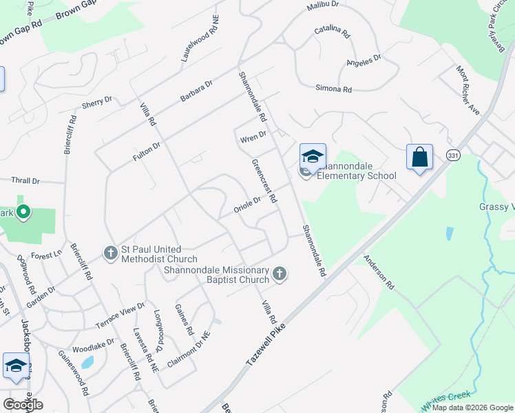 map of restaurants, bars, coffee shops, grocery stores, and more near 5310 Shamrock Road in Knoxville