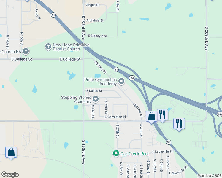 map of restaurants, bars, coffee shops, grocery stores, and more near 2804 East El Paso Street in Broken Arrow