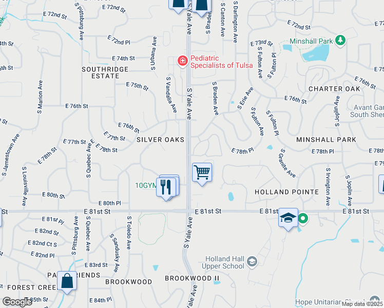 map of restaurants, bars, coffee shops, grocery stores, and more near 7823 South Yale Avenue in Tulsa