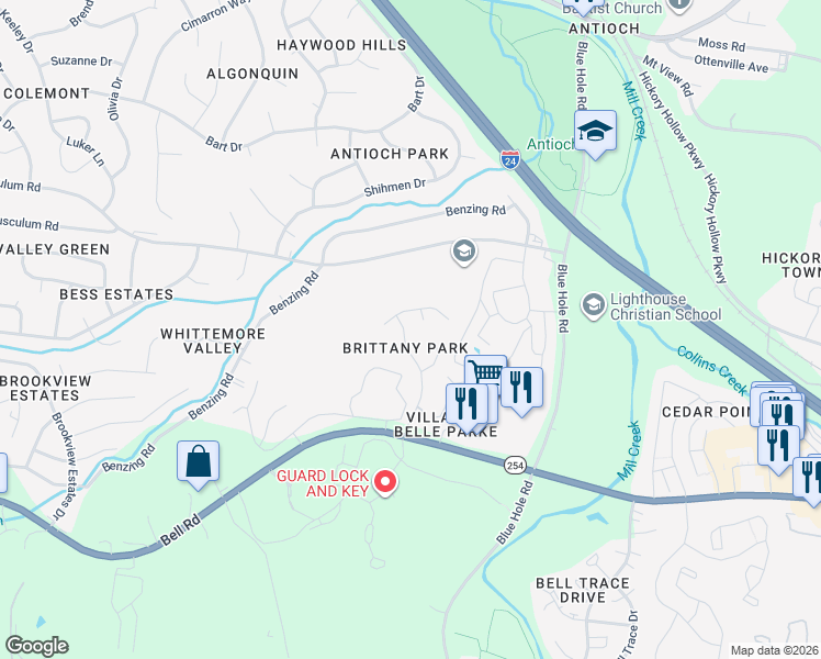 map of restaurants, bars, coffee shops, grocery stores, and more near 1029 Brittany Park Drive in Nashville
