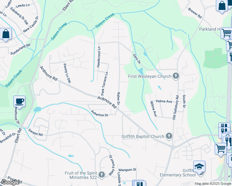 map of restaurants, bars, coffee shops, grocery stores, and more near 1735 Ralee Drive in Winston-Salem